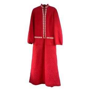 Vintage 70s Handmade House Coat Robe Womens XS Quilted Floral Trim Maxi Long
